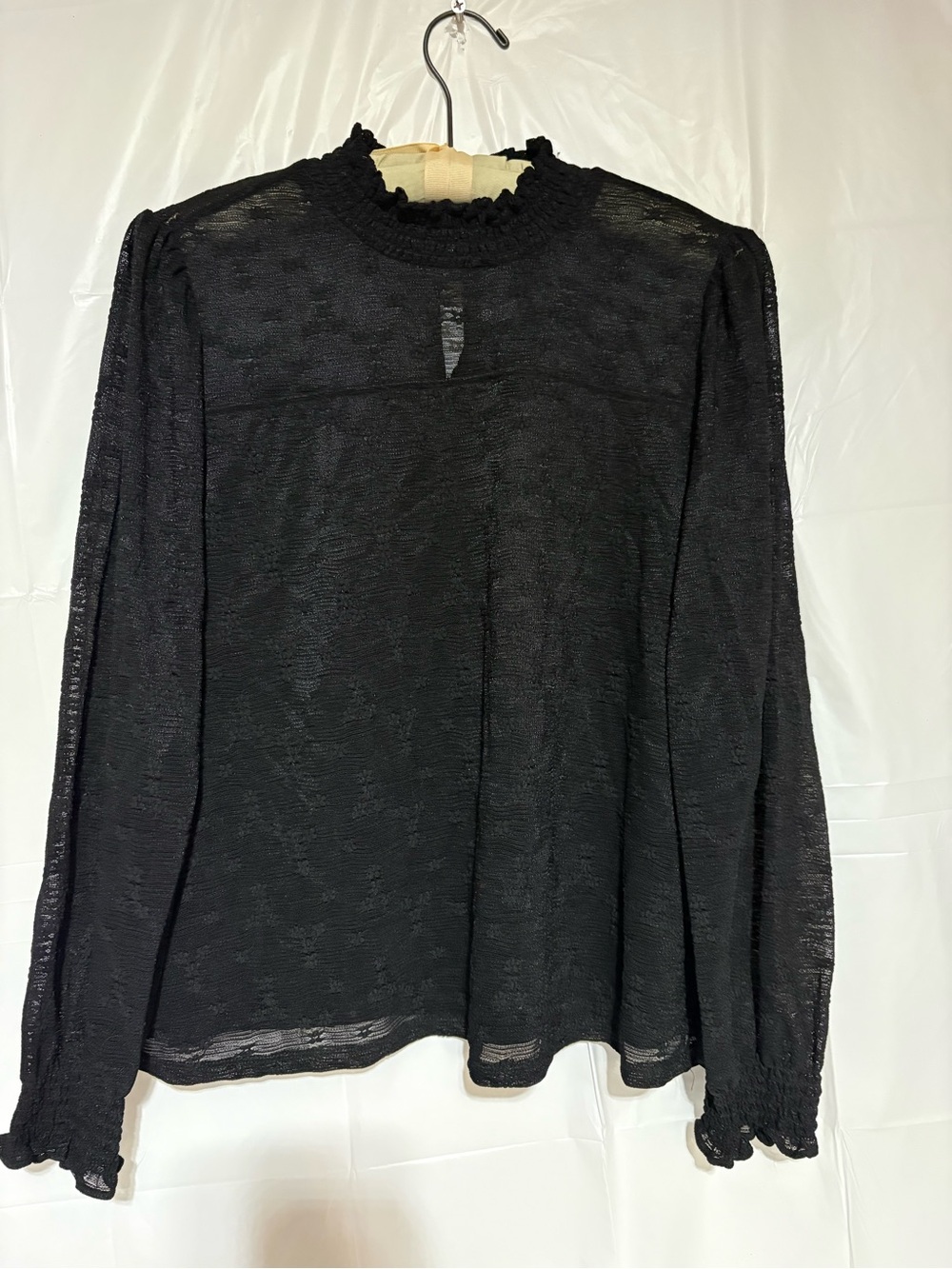Adrianna Papell Black Ruffled Mock-Neck Lace Blouse